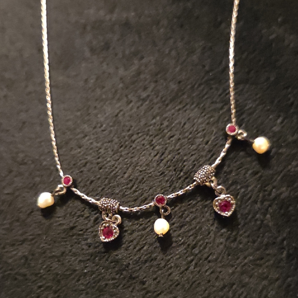 Vintage 1928 Faux Pearl and Red Gemstone Necklace